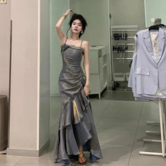 LIZAKOSHT - Women's Luxury Slim Mermaid Dress Spaghetti Strap Ruffles Elegant Vintage Sexy Evening Party Maxi Dresses Traf Wedding Guest