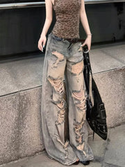 LIZAKOSHT - Summer Slimming Skinny Jeans American Style Worn-Wash Hole Punching Wide Leg Jeans Thin Denim Pants for Young Women