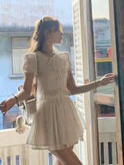 LIZAKOSHT - Summer Casual Mini Skirt Set Sweet Solid 2 Piece Suit Women Fashion Short Sleeve Shirt Lace Skirt Outfits Korean Elegant Clothes
