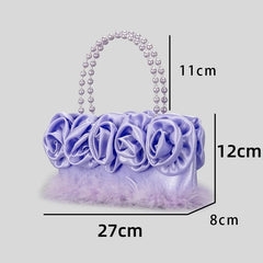 LIZAKOSHT - Trendy Designer Stain Flower Evening Handbags and Purses New Feather Fur Wedding Clutch Pearl Handle Totes High Quality