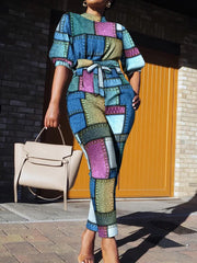 LIZAKOSHT - Slim Print Outfit Women Spring Summer Loungewear Three Quarter Sleeve Fashion Two Pieces Matching Sets O-Neck Elegant Streetwear