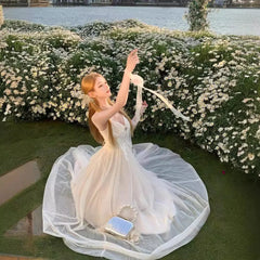 LIZAKOSHT - French Butterfly Strapless Long Dress Women Pure Desire Backless Lace Fairy Skirt Beach Vacation Summer Hot Sale Of The Season W