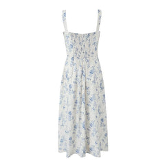 LIZAKOSHT - French Style Holiday Sling Dress Women Floral Print Hem Slit A-line Midi Summer Dresses