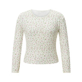 LIZAKOSHT - Y2K Aesthetic Lace Trim Kawaii Crop Tops Fairycore Floral Print T-Shirts Spring Long Sleeve Slim Fit Tops Tees 00s Retro Clothes
