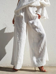 LIZAKOSHT - Casual Daily Pants Women Loose Wide Leg Pants 2025 Summer Solid Color Vacation High Waisted Elasticity White Trousers