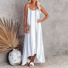 LIZAKOSHT - Womens Spring Strappy Striped Long Maxi Dress Ladies Summer Loose Beach Holiday Straight Sundress For Free Shipping