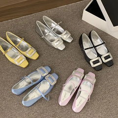 LIZAKOSHT - Candy Color Women Flat Shoes Fashion Big Crystal Buckle Ladies Elegant Mary Jane Shoes Soft Flat Heel Dress Single Shoes New