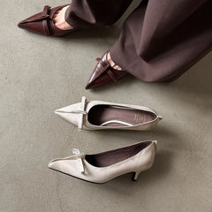 LIZAKOSHT - Fashion Pumps New High Quality Genuine Leather Shoes Bow Pointed Shallow Mouth High Heels Commuter Women's Shoes
