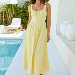 LIZAKOSHT - Elegant Long Dress For Women Lace Up Sleeveless Square Neck Dresses 2025 New Summer Chic Casual Simple Vacation Beach Midi Dress