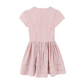 LIZAKOSHT - Sweet Pink Plaid Print Bow V neck Short Puff Sleeve Dress Women Low Waist Spliced Ruched Swing Ball Gown Vestidos Femme Robe