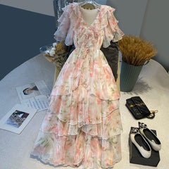 LIZAKOSHT  -  runway designer pink floral pattern buttons ruffles midi dress irregular lace up vestidos vintage french retro clothing