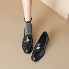 LIZAKOSHT - Women's British Shoe Autumn New Thick Heel Women Leather Shoe Versatile Anti Slip Women Casual Shoes Gold Buckle Women's Loafers