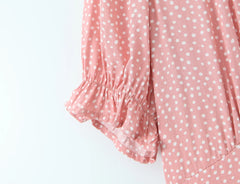 LIZAKOSHT - Vintage French Style Polk Dot Print Spliced Lace Deep V neck Short Sleeve Dress Woman A-lined Midi Long Dresses Vestidos Robe