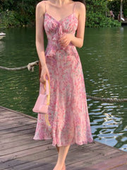 LIZAKOSHT  -  Pink Print Elegant Fairy Dress Women Chiffon Sweet Vintage Beach Midi Dress Female Ruffle Casual Korean Style Strap Dress