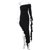 LIZAKOSHT - Summer Newly Irregular Ruffle Fringe Party Off Shoulder Dress Elegant One Sleeve Slim Hip Package Lady Split Vacation Robes