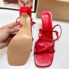 LIZAKOSHT - Sexy High Heels Shoes Women Summer Ankle Cross Strap Open Toe Fashion Designer Red Elegant Dress Wedding Ladies Sandals
