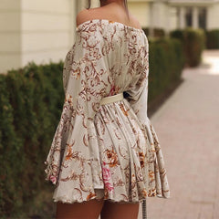 LIZAKOSHT - Fashion Floral Print Flare Sleeve A-line Dress Classic Women One Shoulder Swing French Dress Elegant Lady Belt Party Mini Dress