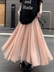 LIZAKOSHT - Mid Long Skirts Womens Mesh Skirt Mori Girl Style Lolita Spring Summer High Waisted A-Line Ruffle Skirts rok
