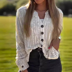 LIZAKOSHT - Lady V-neck High Street Cardigan Autumn 2024 Single Breasted Office Blouse Temperament Women Solid Lapel Collar Shirt Outwear