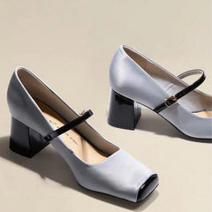 LIZAKOSHT - Square Toe High Heels,Women Pumps,Spring Office Work Shoes,Shallow Out,Front Buckle Strap,Grey,Pink,34-39,