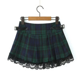 LIZAKOSHT - Y2K Women With Belt High Waist Plaid Skirt Lace Trim Summer Female A-line Mini Skirts