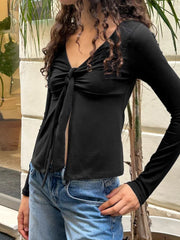 LIZAKOSHT - Knot Long Sleeve T-shirt Autumn Sexy V-neck Slim Tee Shirts Female Casual Simple Solid All-match Woman's Tshirts New Chic Tops