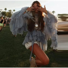 LIZAKOSHT - Casual Ruffle Turtleneck Shirt Skirt Women Set Solid Full Sleeve Hallow Out Top See Through Pleated Long Skirts 2025 Lady Suit