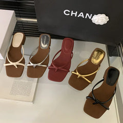 LIZAKOSHT - New Summer Women Slippers Flat Heel Sandal Female Flip Flops Brand Slipper French Elegant Narrow Band Slide Beach Sandalia Mujer