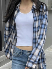 LIZAKOSHT - Casual Women Single-breasted Loose Shirts Summer Vintage Polo Neck Long Sleeves Plaid Printed Shirts Female Chic Tops