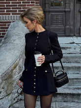 LIZAKOSHT - Spring Stand Collar Mini Dress For Women Chic Single Breasted Long Sleeve Short Dress Office Lady Street Chic Vestidos