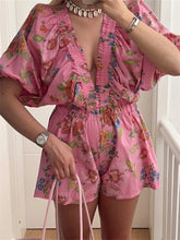 LIZAKOSHT - Women Deep V-Neck Loose Rompers Floral Print Short Puff Sleeve Summer Jumpsuits High Waist Playsuits Streetwear
