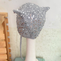 LIZAKOSHT - Y2K Sequin Devil Horn Knit Hat Women Winter Ear Flap Beanie Hat With Strap Gothic Cat Ear Warm Knitted Bonnet Streetwear