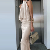 LIZAKOSHT - Elegant Solid Off Shoulder Patchwork Dress Luxury Satin Sleeveless A-List Dress Sexy Hang Neck High Waist Office Commuting Dress