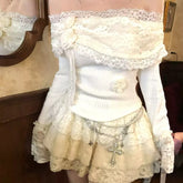 LIZAKOSHT - Korean Fashion Lolita Style Skirt Sets Women Sweet Flower Lace Slash Neck Knitted Tops Y2k Mini Cake Skirts Vintage Elegant Suit