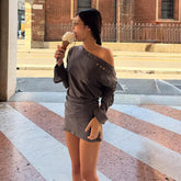 LIZAKOSHT - Casual Mini Dress Autumn Sexy Inclined Shoulder Flare Long Sleeve Ruched Bodycon Clubwear Women Fashion Daily Streetwear