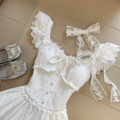 LIZAKOSHT - French Elegant Sweet Mini Puffy Sleeve First Love Summer New Fairy Tale Princess Skirt Short Sleeve Asymmetrical Shoulder Dress