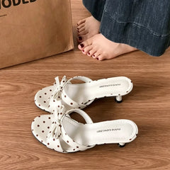 LIZAKOSHT - Street Style Satin Butterfly-knot Women Slippers Fashion Polka Dot Thick Heels Party Dress Slide Ladies Summer Polka Dot Shoes