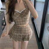 LIZAKOSHT - Sexy Skirt Set Women's Summer Plaid Halter Neck Tank Top High Waist Pleated Skirt Two-piece Set Fashion Female Clothes