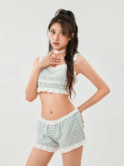 LIZAKOSHT  -  Kawaii Summer Two-Piece Top Shorts Suits Y2K Aesthetic Clothes Women Girls Lace Trim Straps Crop Tops and Shorts Sets Streetwear