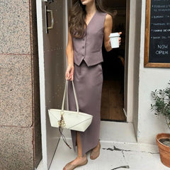 LIZAKOSHT  -  Casual Long Dress Set V-Neck Sleeveless Vest Top Slit Skirt Set Fashion Office Lady Elegant Women Dress Set Outfits