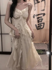 LIZAKOSHT - Summer Ruffle Elegant Fairy Dress Female High Waist Strap Holiday Dress Lady Sleeveless Beach Dress