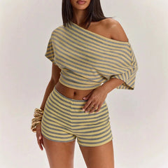 LIZAKOSHT - New Slim Fit Home Leisure Short Sleeve T-Shirt High Waist Shorts Set Comfortable Knitted Polyester And Spandex Casual Wear