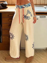 LIZAKOSHT - Y2k Aesthetic Streetwear Print Straight Pant Women Casual Patchwork Pantalon Personality Drawstring Grunge Wide Leg Trousers