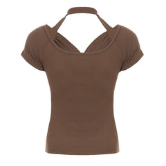 LIZAKOSHT - Metal Ring Decorate V-neck Top Fairycore Grunge Slim-fit Short Sleeve T-shirt Chic Elegant Streetwear Sexy Clothes New