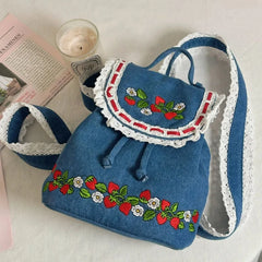 LIZAKOSHT - Denim Strawberry Flower Lace Backpack Casual Schoolbag Handbag Student Leisure Travel Commuter Backpack