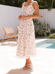 LIZAKOSHT  -  Elegant Maxi Dress with Floral Print and Lace Trim Sleeveless A-Line Dress for Women Perfect for Summer Fashion