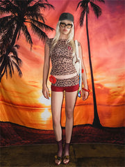 LIZAKOSHT - Summer Leopard Print Patchwork 2 Piece Tracksuit Vacation Casual For Women 2024 Short Sleeve Bodycon Crop Tops Shorts Set