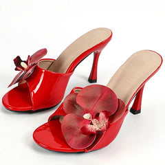 LIZAKOSHT - Fashion Flower Slippers Women Up Size 42 43 Designer High Heels Sandals Female Patent Leather Open Toe Slides Sandalias De Mujer