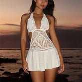LIZAKOSHT - Solid Color Swim Cover Up Cutout Sleeveless V Neck Mini Dress Women's Crochet Halter Dress for Summer Party Beachwear