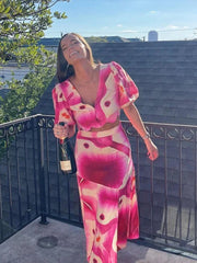 LIZAKOSHT - Chic Floral Printing Long Skirt Sets Women Elegant V-Neck Short Puff Sleeve Shirt High Waist Split Skirt Lady Sexy 2 Pieces Sets